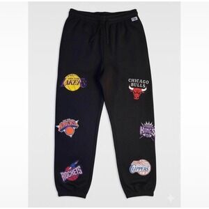 UNK NBA All Over Print Team Logo Sweatpants Black Lakers Bulls Knicks Mens XXL